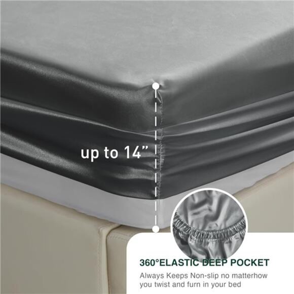 Love's cabin Satin Queen Sheets Set - 4 Piece Dark Grey Silky Satin Bed Sheets - Picture 5 of 7